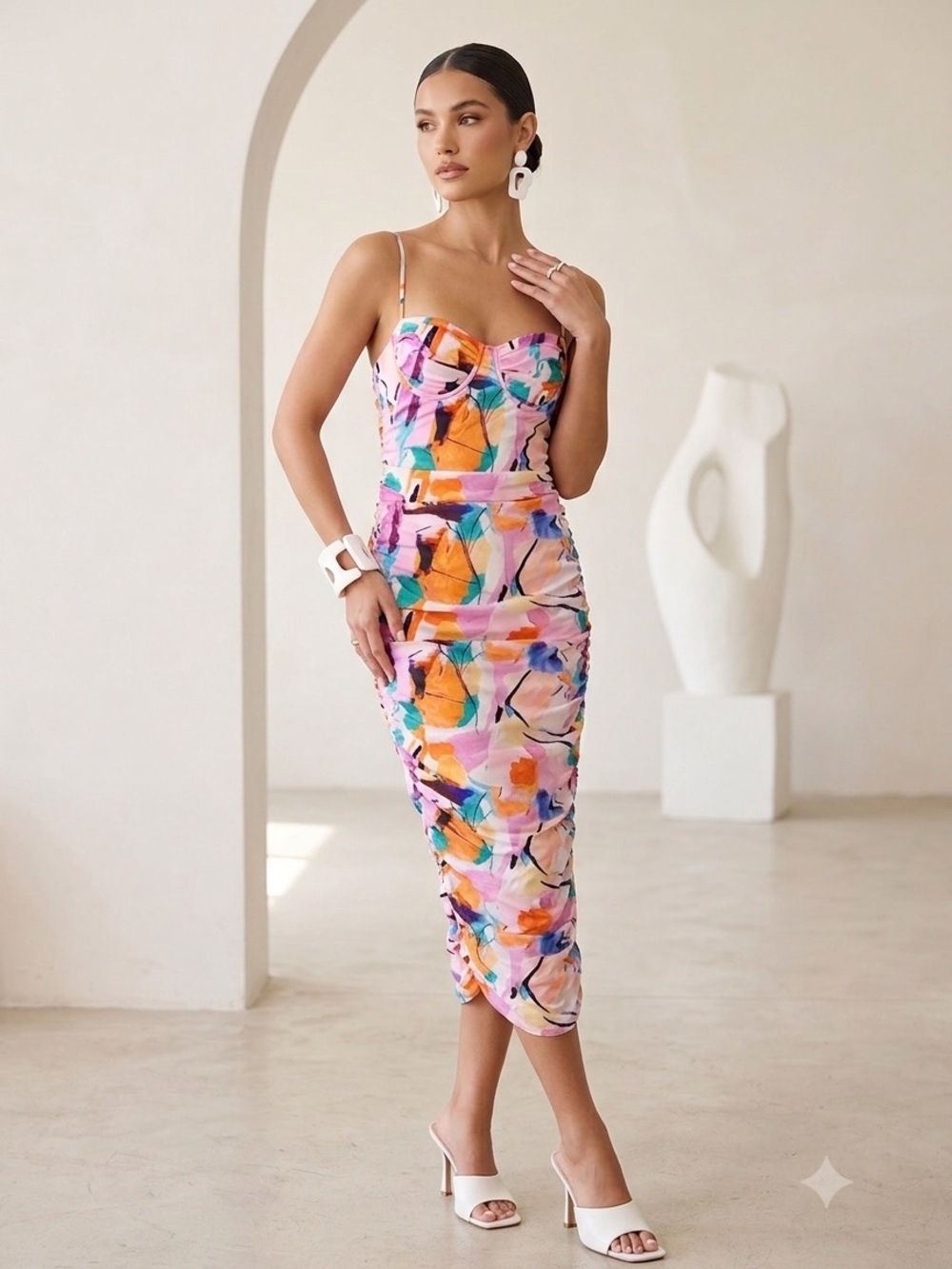 PrettyLittleThing Multi Abstract Print Ruched Midaxi Dress Size 6 US Asymmetric